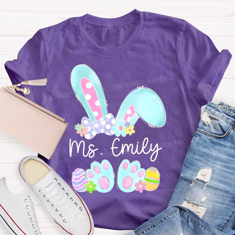 Personalized Name Bunny Graphic Easter  Teacher T-shirt