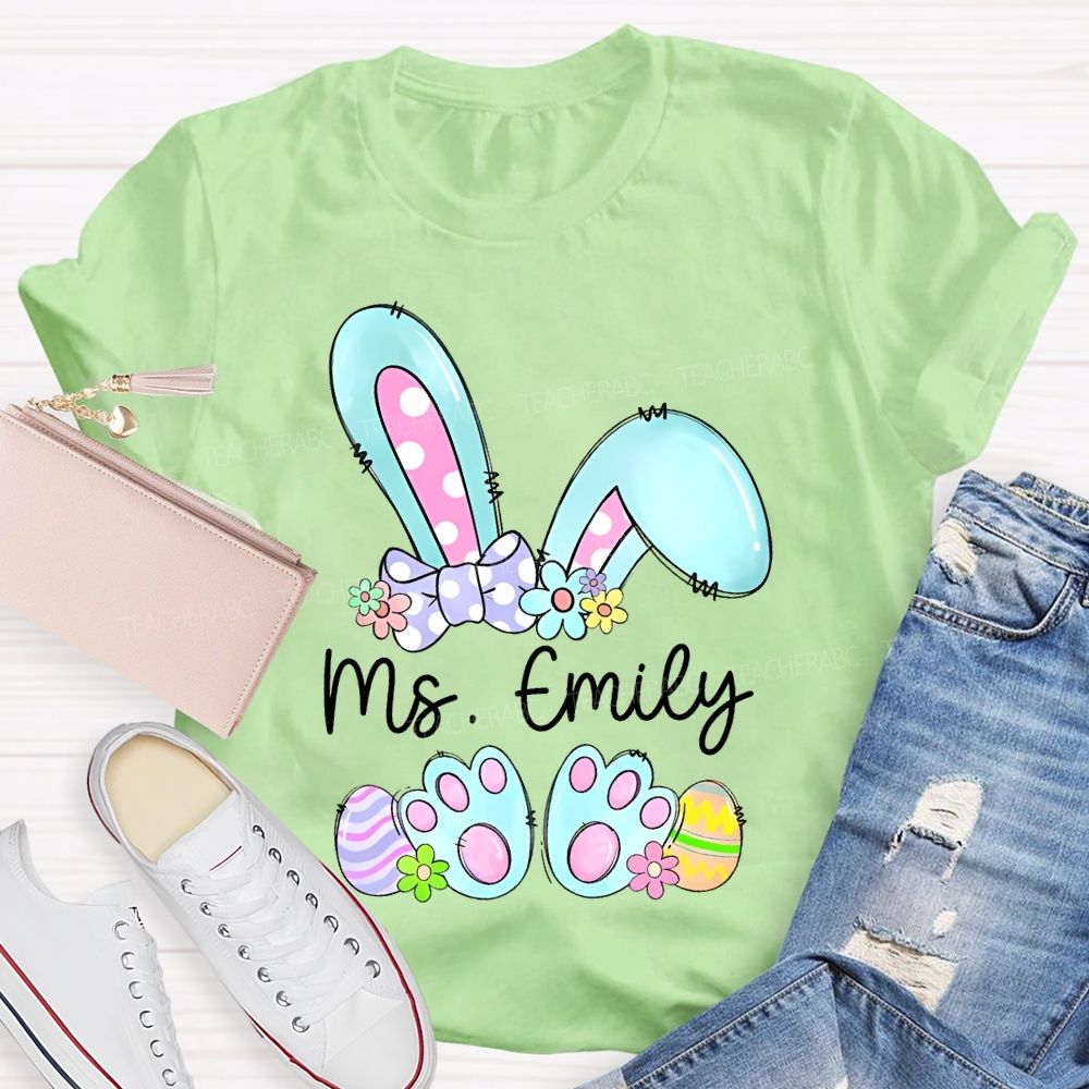 Personalized Name Bunny Graphic Easter  Teacher T-shirt