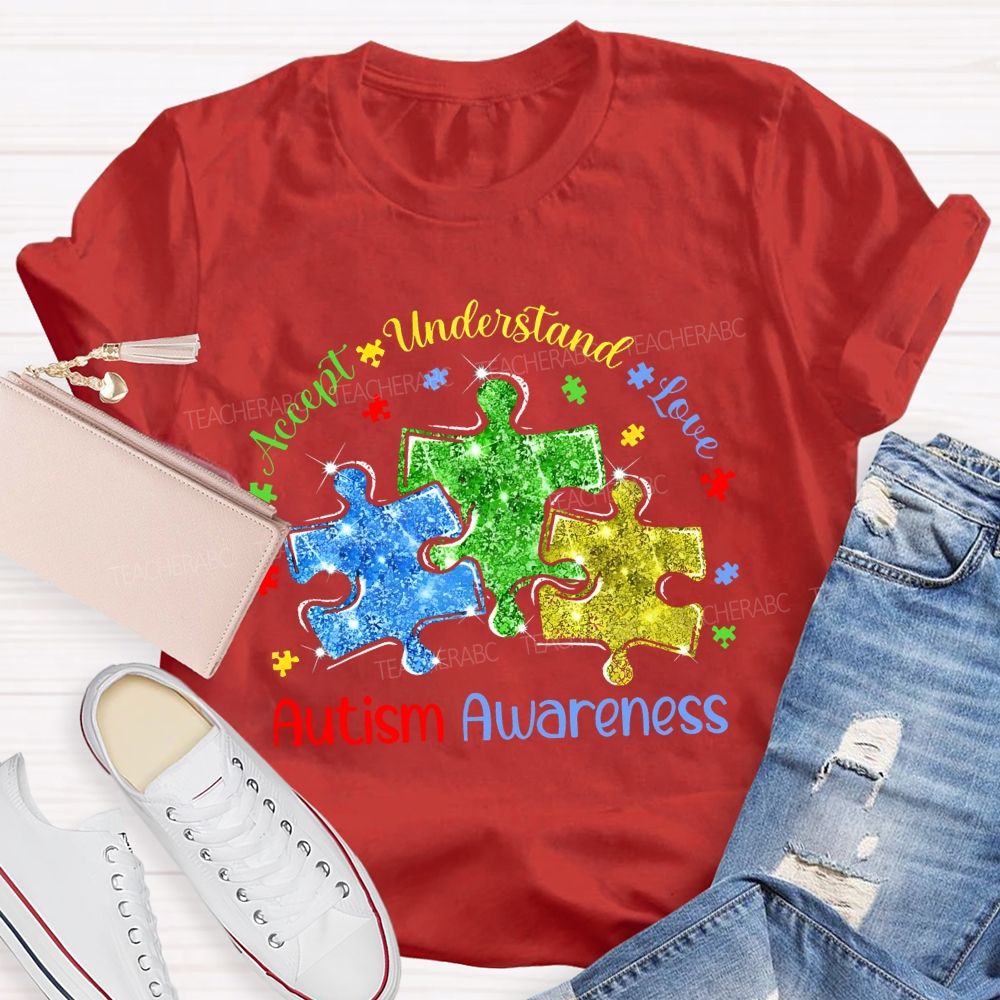 Accept Understand Love Autism Awareness Colorful Puzzle  Teacher T-shirt