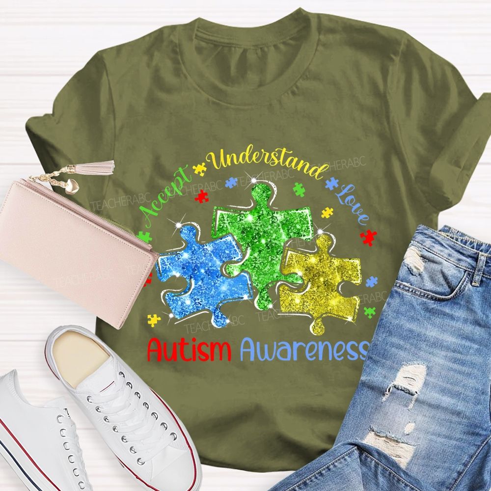 Accept Understand Love Autism Awareness Colorful Puzzle  Teacher T-shirt