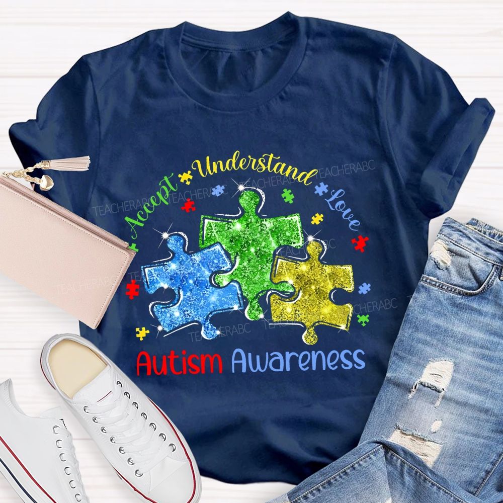 Accept Understand Love Autism Awareness Colorful Puzzle  Teacher T-shirt