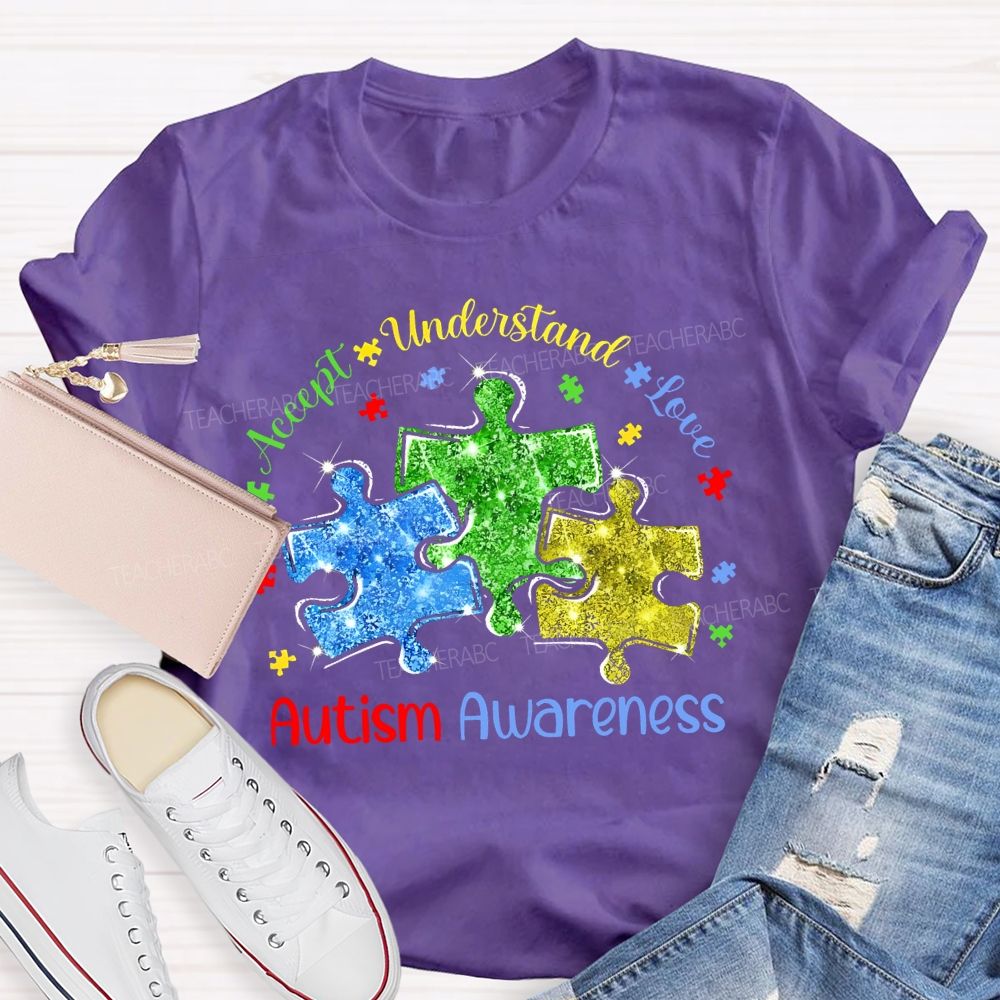 Accept Understand Love Autism Awareness Colorful Puzzle  Teacher T-shirt