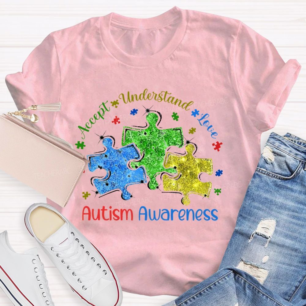 Accept Understand Love Autism Awareness Colorful Puzzle  Teacher T-shirt