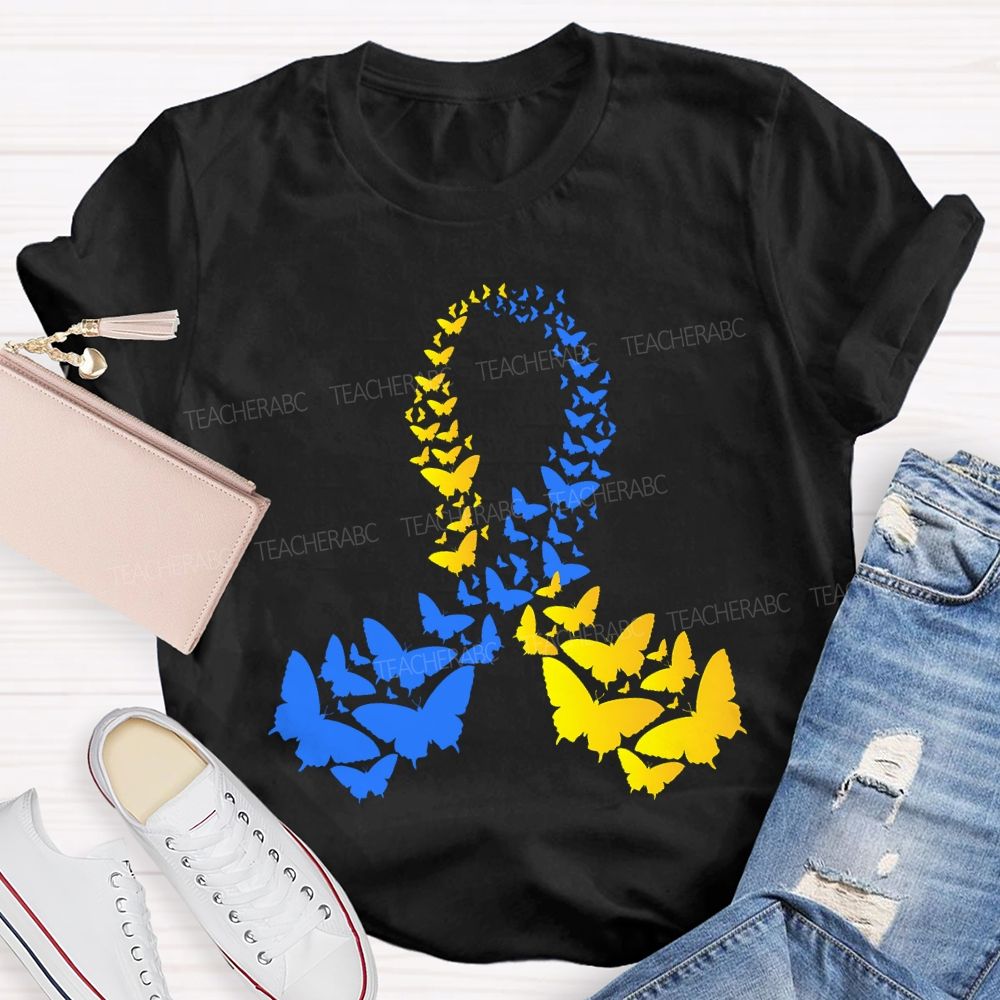 Down Syndrome Awareness Yellow Blue Butterfly Teacher T-shirt