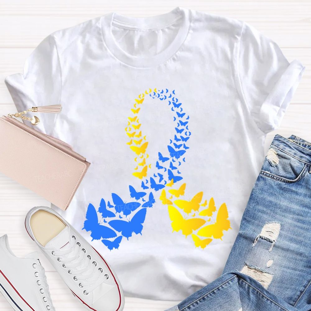 Down Syndrome Awareness Yellow Blue Butterfly Teacher T-shirt
