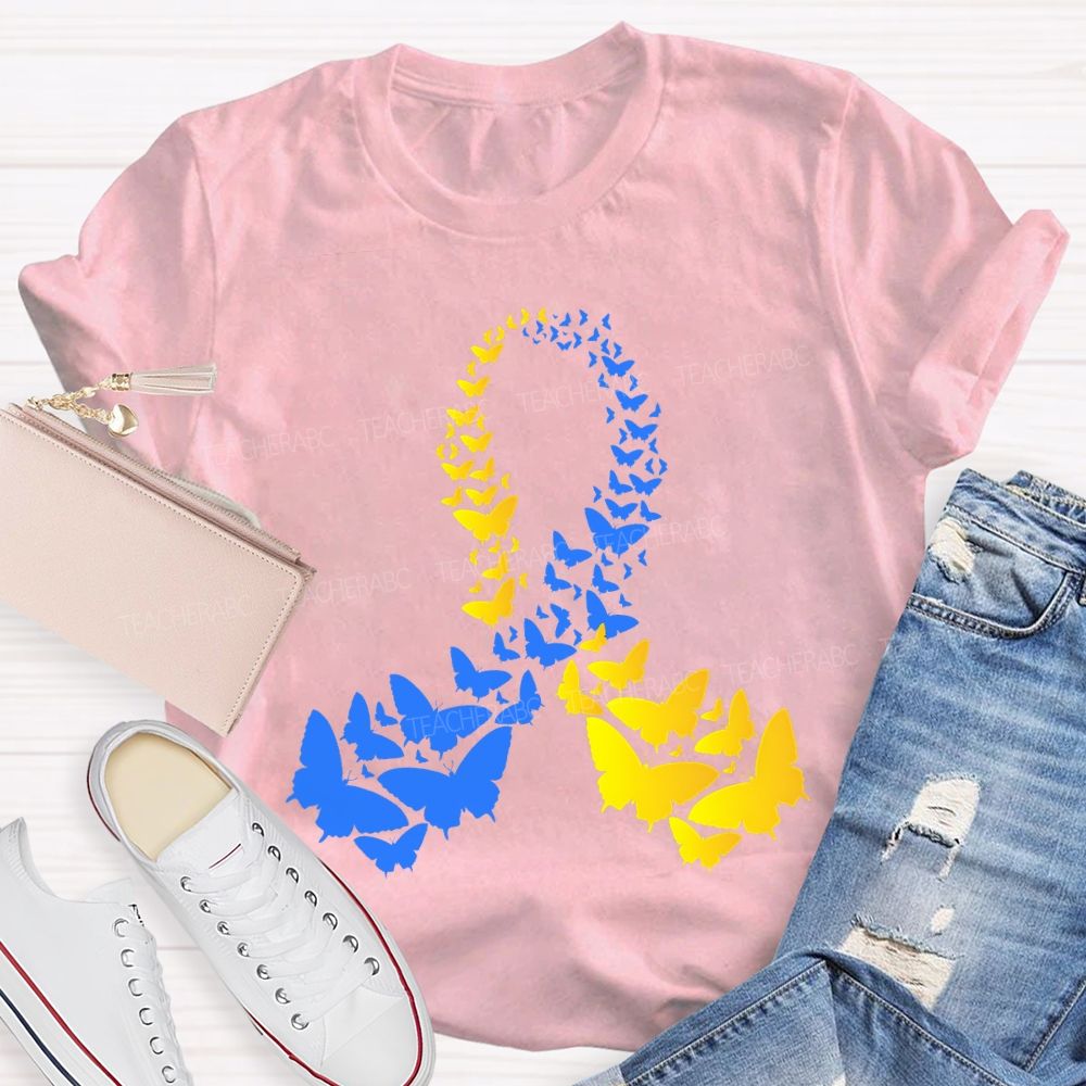 Down Syndrome Awareness Yellow Blue Butterfly Teacher T-shirt