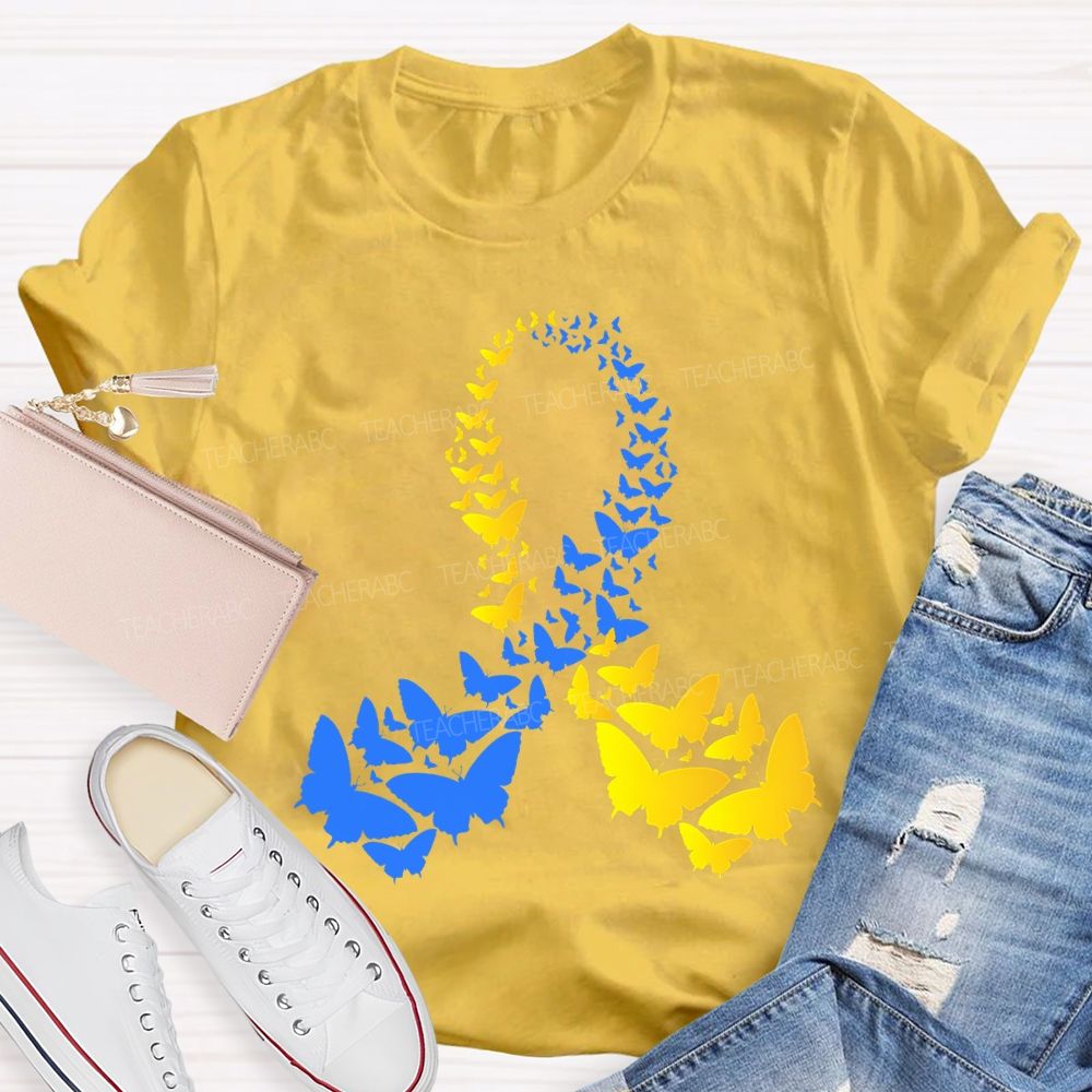 Down Syndrome Awareness Yellow Blue Butterfly Teacher T-shirt