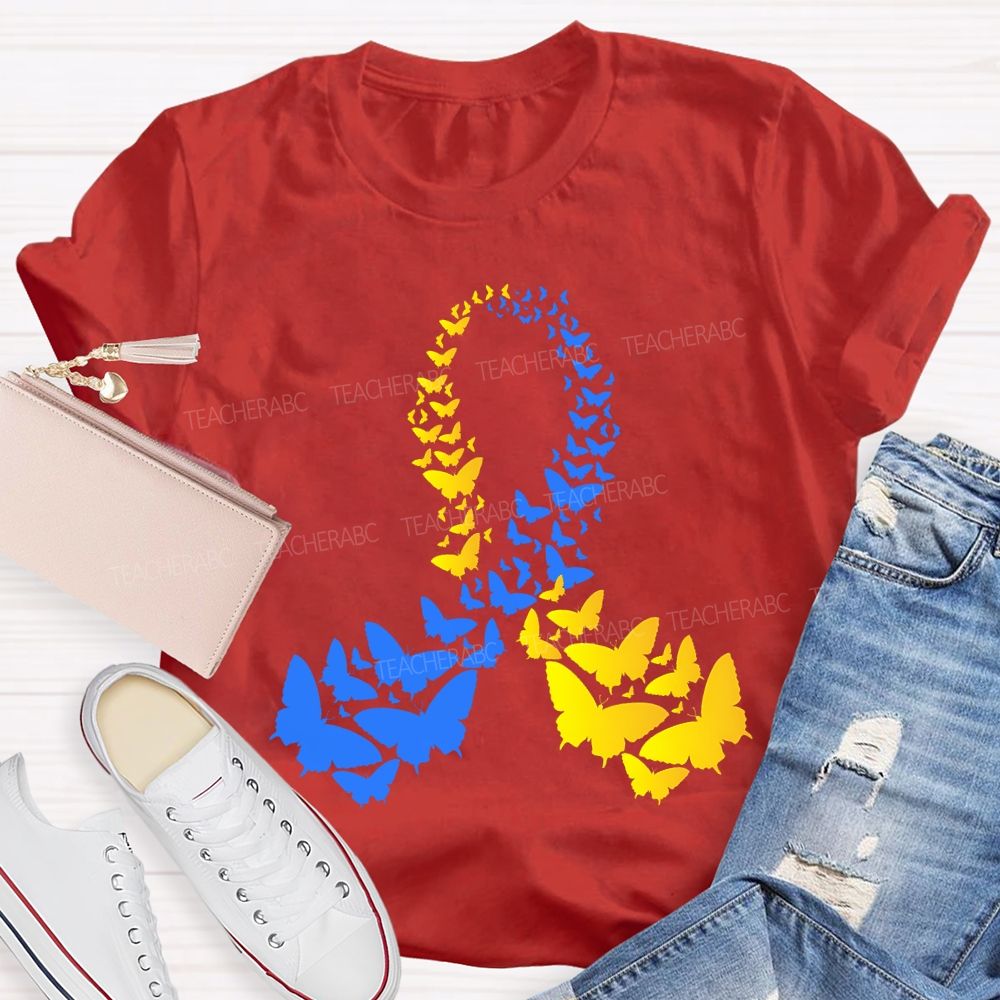 Down Syndrome Awareness Yellow Blue Butterfly Teacher T-shirt