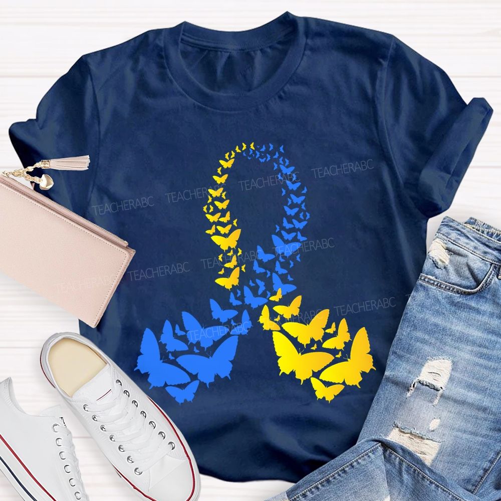 Down Syndrome Awareness Yellow Blue Butterfly Teacher T-shirt