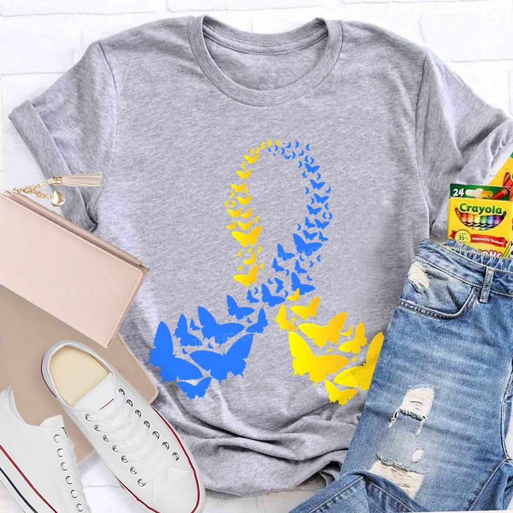 Down Syndrome Awareness Yellow Blue Butterfly Teacher T-shirt