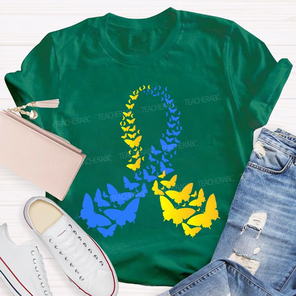 Down Syndrome Awareness Yellow Blue Butterfly Teacher T-shirt