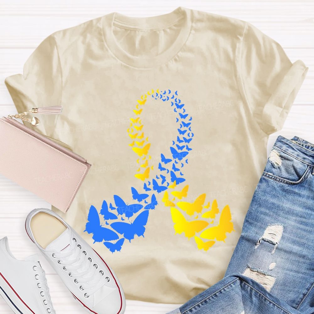 Down Syndrome Awareness Yellow Blue Butterfly Teacher T-shirt