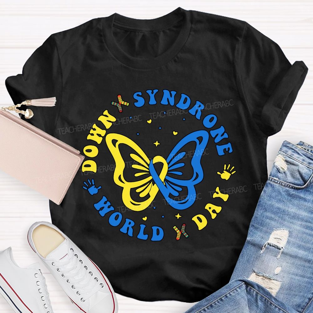 Down Syndrome World Day Yellow Blue Butterfly Teacher T-shirt