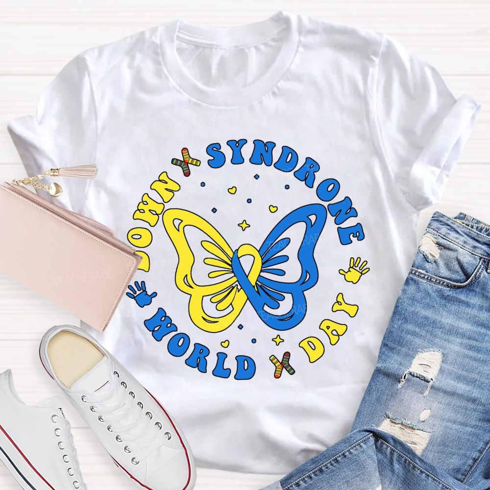 Down Syndrome World Day Yellow Blue Butterfly Teacher T-shirt