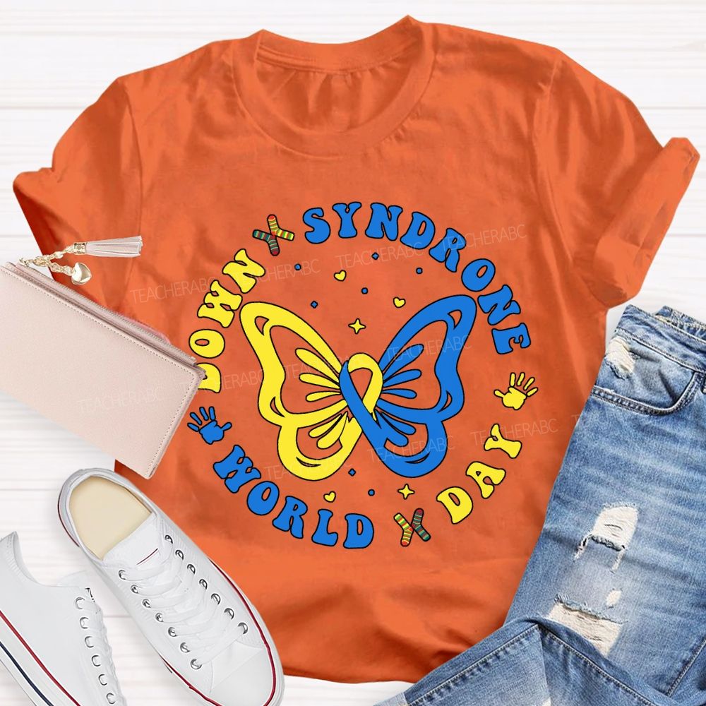 Down Syndrome World Day Yellow Blue Butterfly Teacher T-shirt