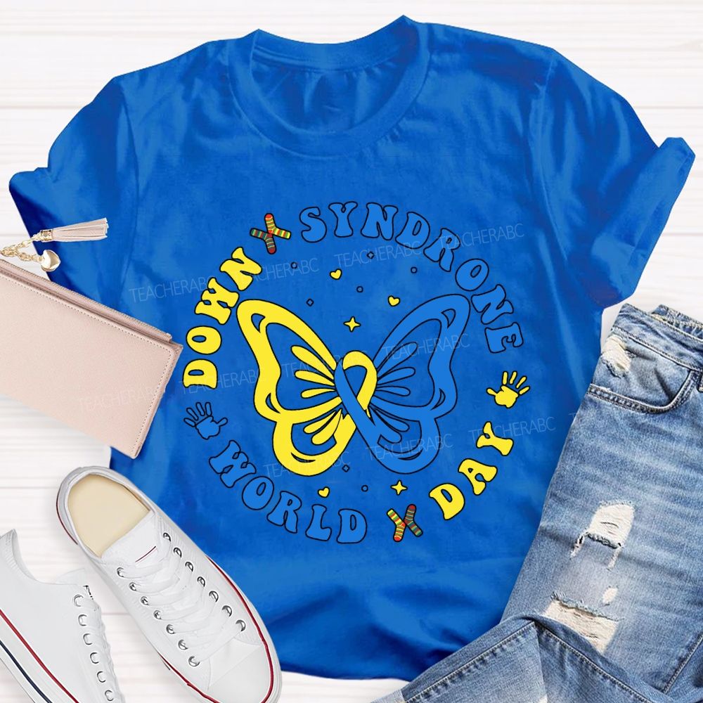 Down Syndrome World Day Yellow Blue Butterfly Teacher T-shirt