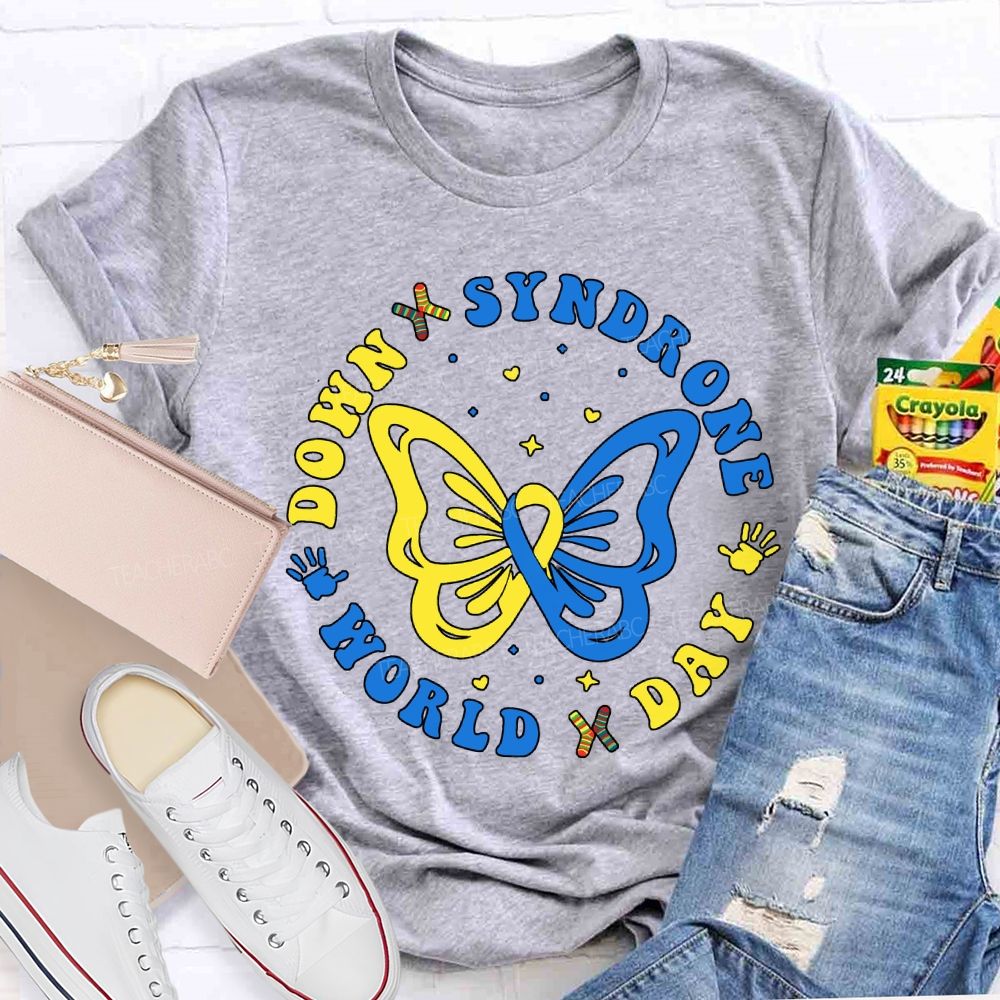 Down Syndrome World Day Yellow Blue Butterfly Teacher T-shirt
