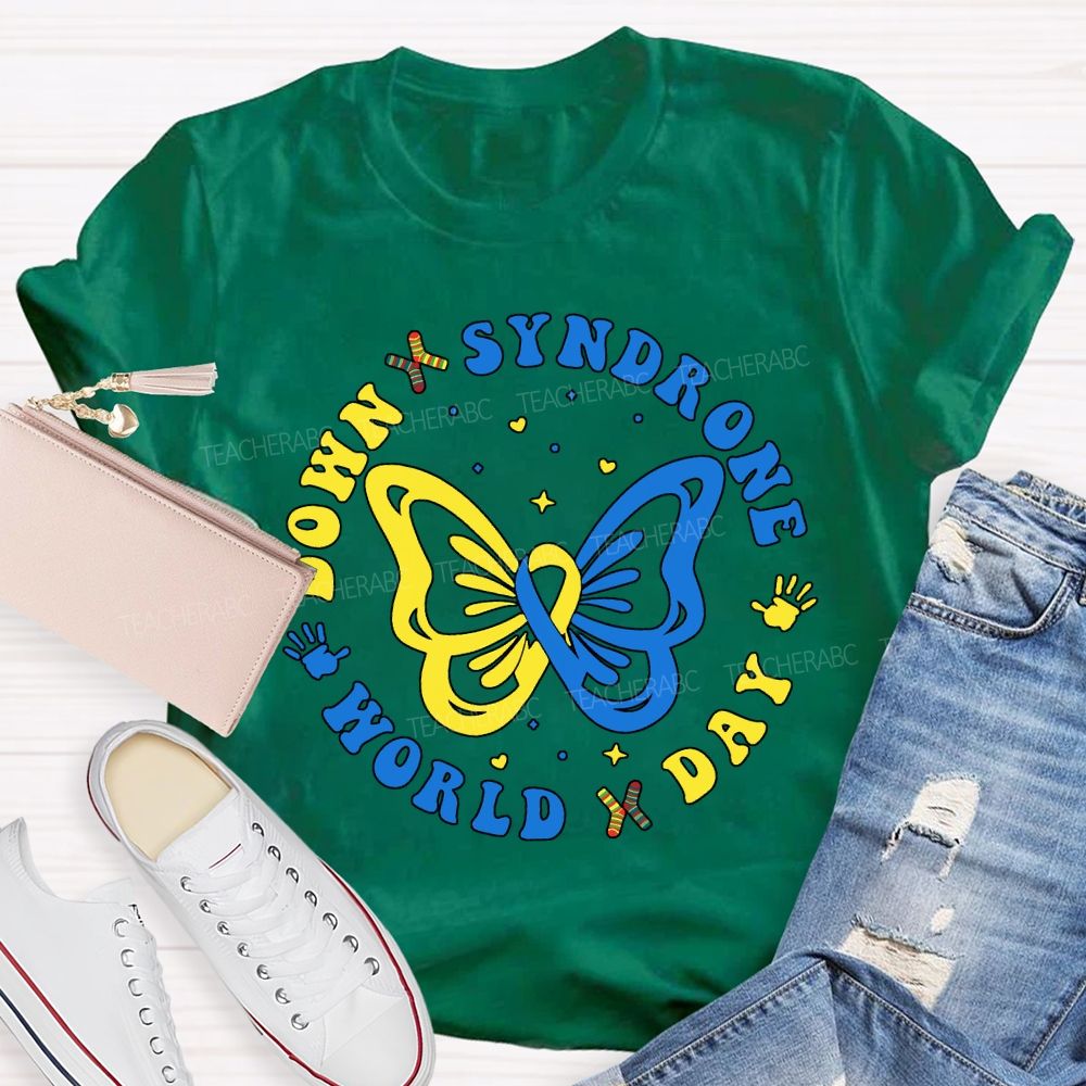 Down Syndrome World Day Yellow Blue Butterfly Teacher T-shirt