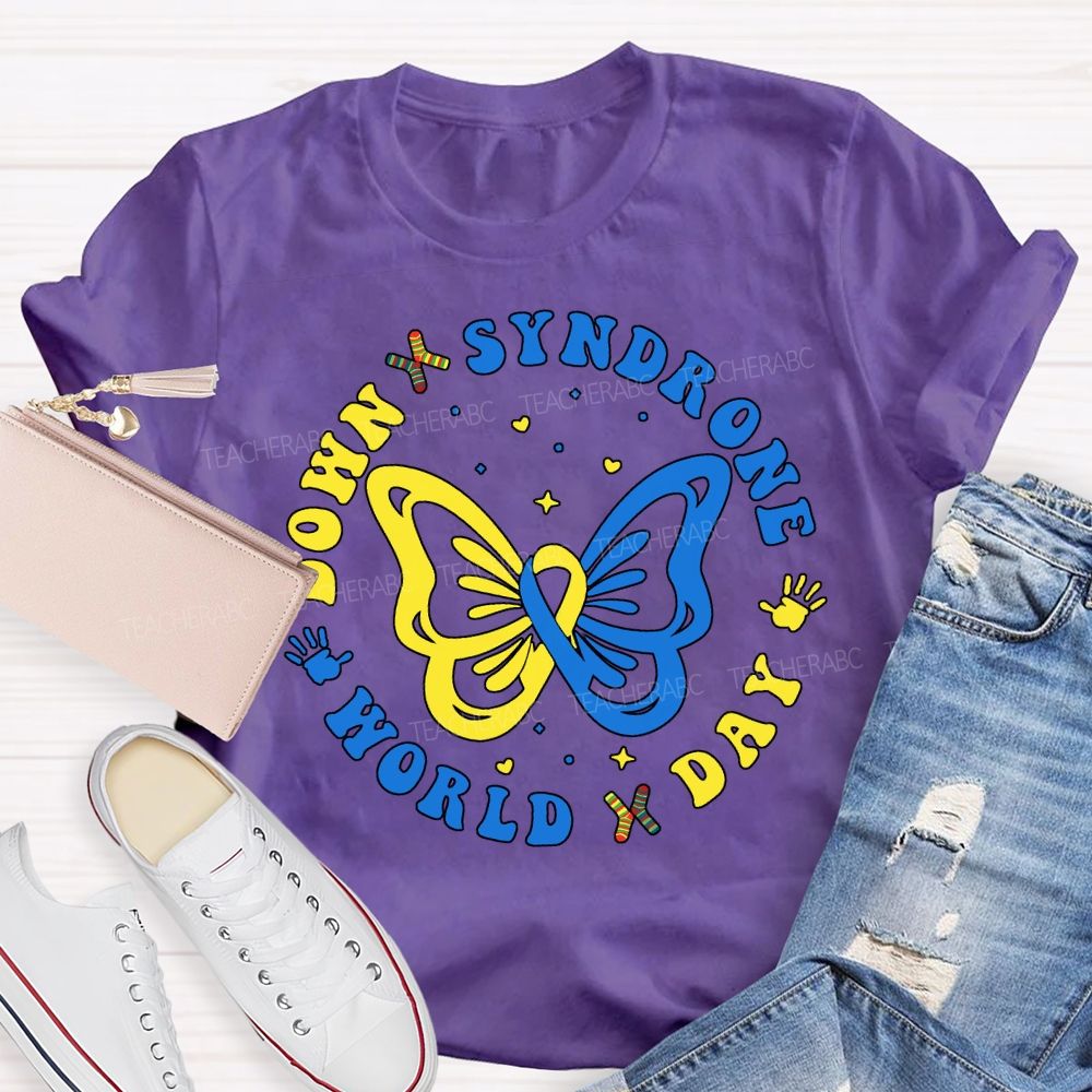 Down Syndrome World Day Yellow Blue Butterfly Teacher T-shirt