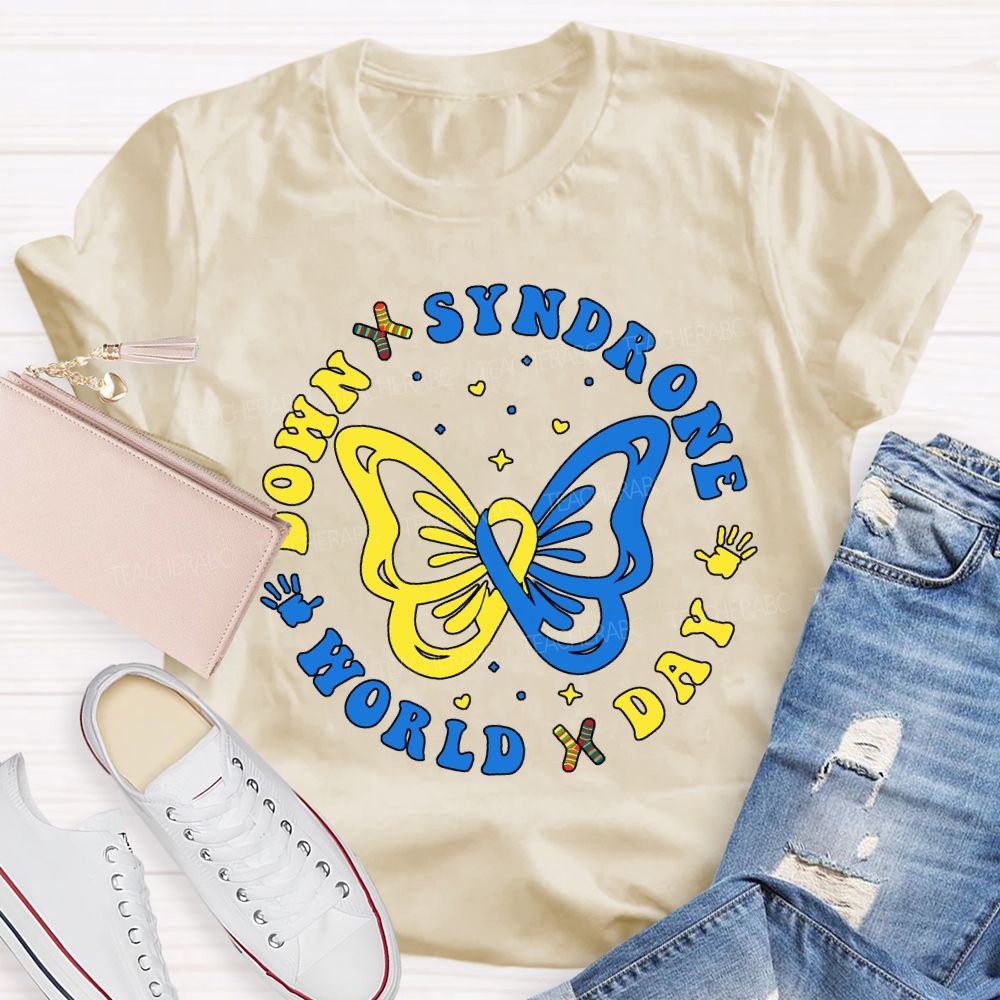 Down Syndrome World Day Yellow Blue Butterfly Teacher T-shirt