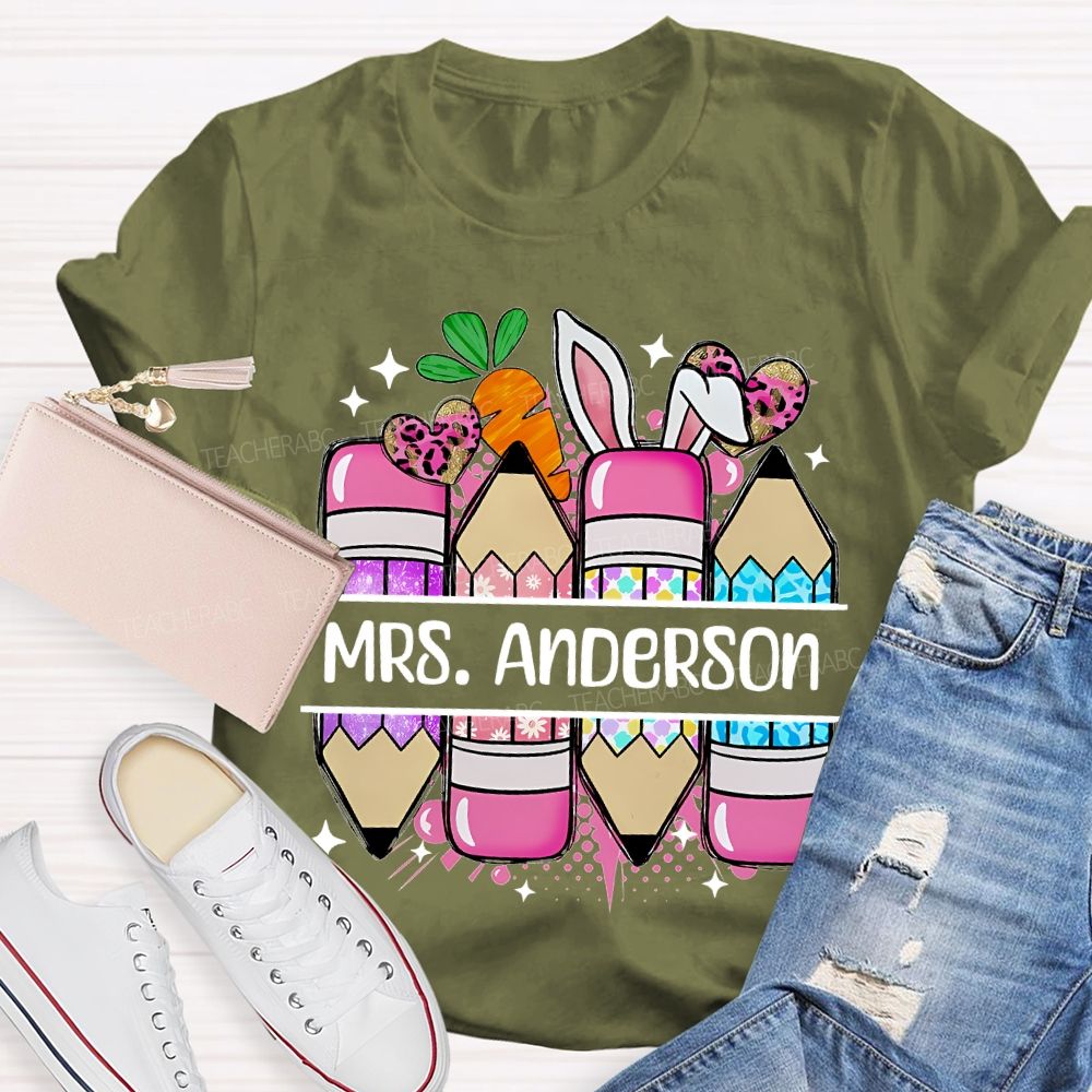 Personalized Name Pencil Easter Graphics  Teacher T-shirt