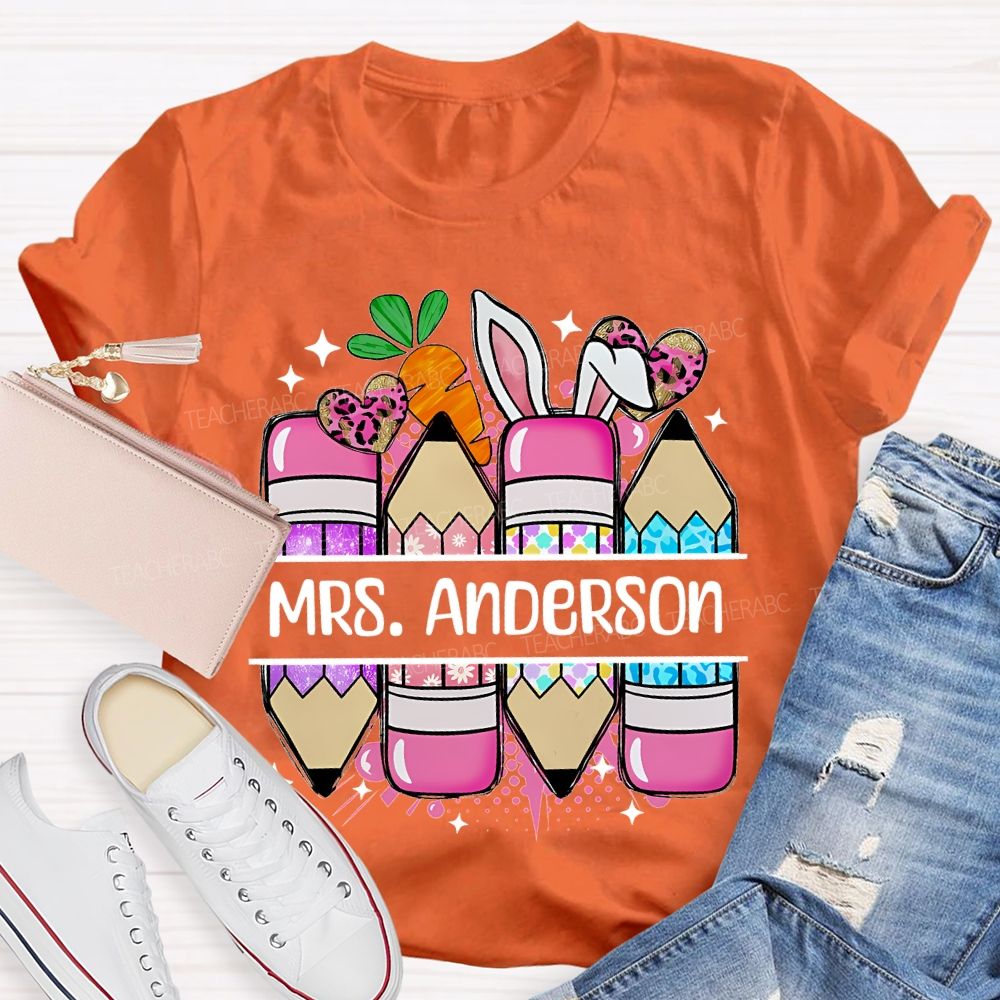 Personalized Name Pencil Easter Graphics  Teacher T-shirt