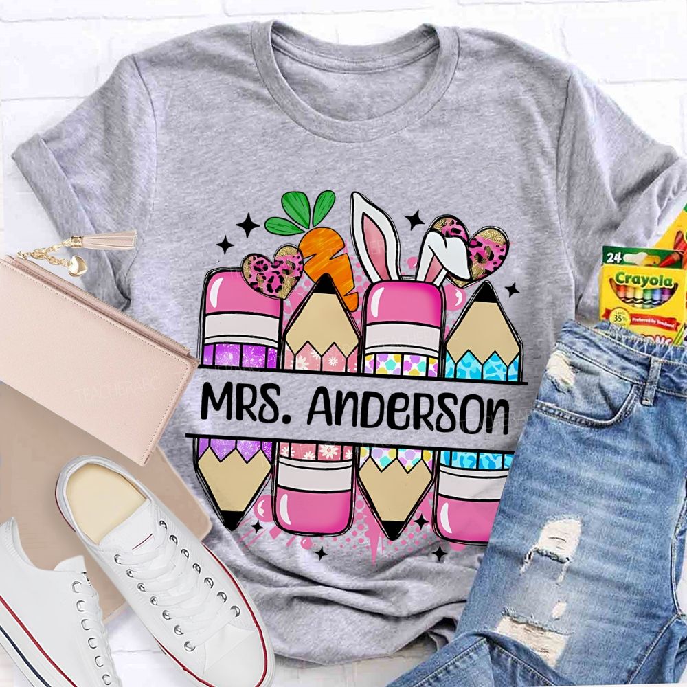 Personalized Name Pencil Easter Graphics  Teacher T-shirt