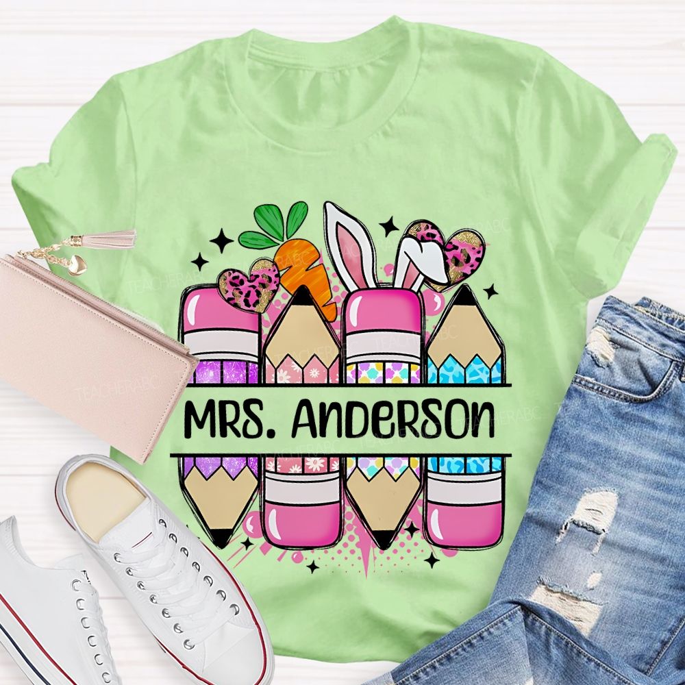 Personalized Name Pencil Easter Graphics  Teacher T-shirt