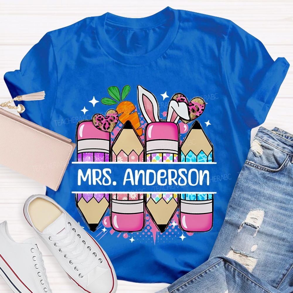 Personalized Name Pencil Easter Graphics  Teacher T-shirt