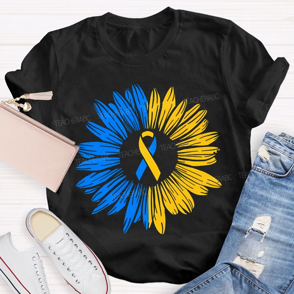 Down Syndrome Awareness Yellow Blue Sunflower Teacher T-shirt