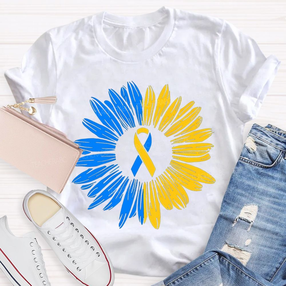 Down Syndrome Awareness Yellow Blue Sunflower Teacher T-shirt