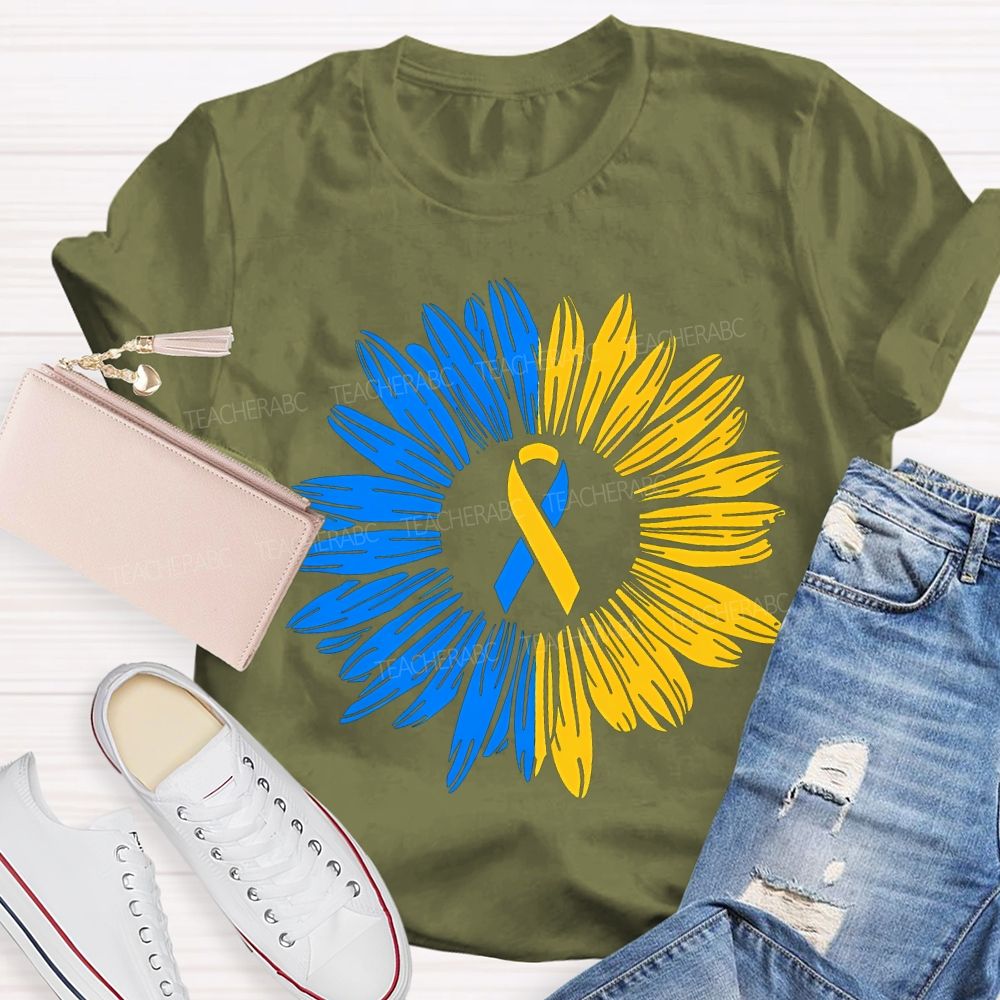 Down Syndrome Awareness Yellow Blue Sunflower Teacher T-shirt