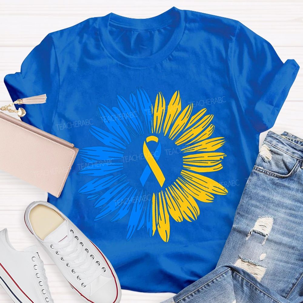 Down Syndrome Awareness Yellow Blue Sunflower Teacher T-shirt