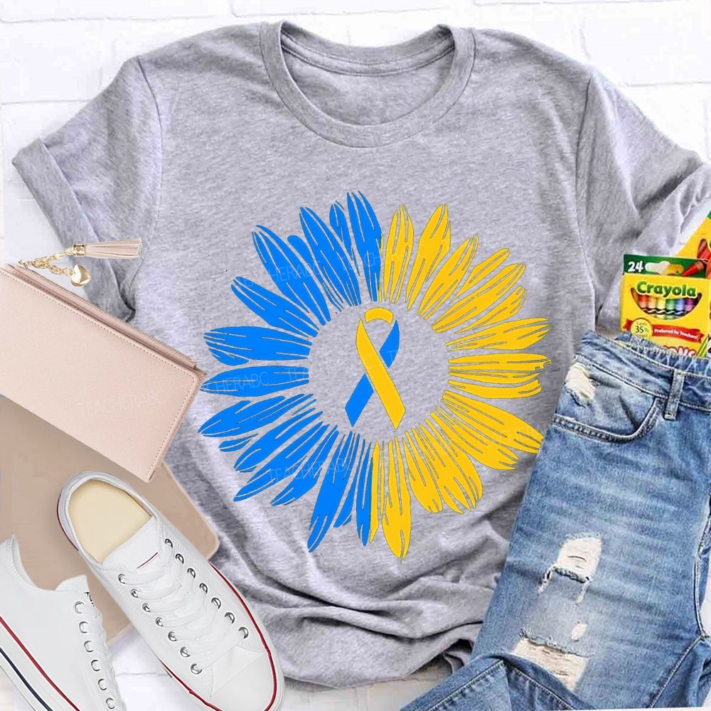 Down Syndrome Awareness Yellow Blue Sunflower Teacher T-shirt