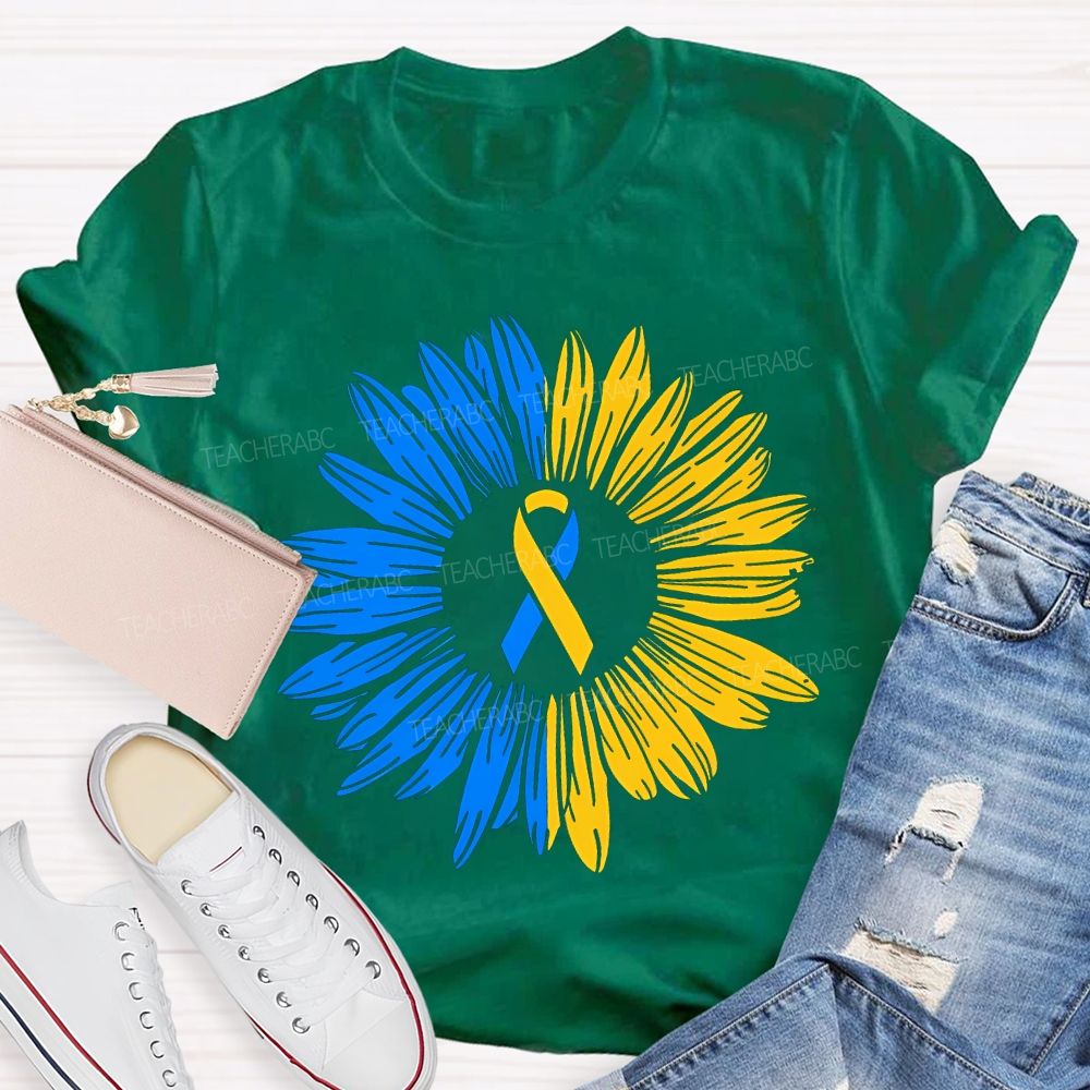 Down Syndrome Awareness Yellow Blue Sunflower Teacher T-shirt