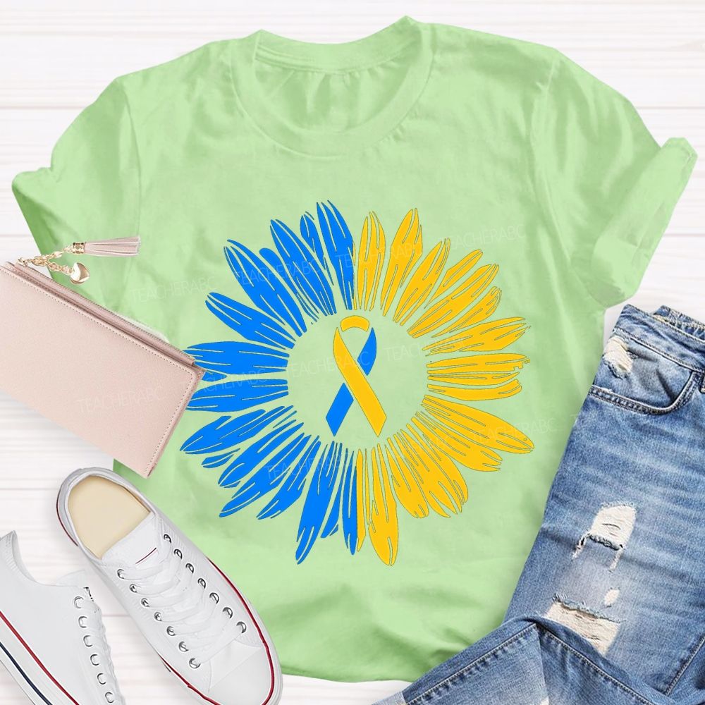 Down Syndrome Awareness Yellow Blue Sunflower Teacher T-shirt
