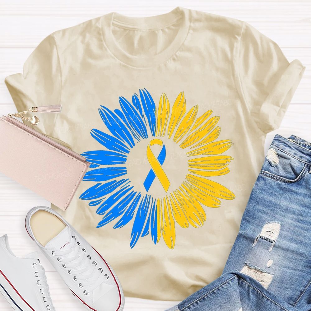 Down Syndrome Awareness Yellow Blue Sunflower Teacher T-shirt