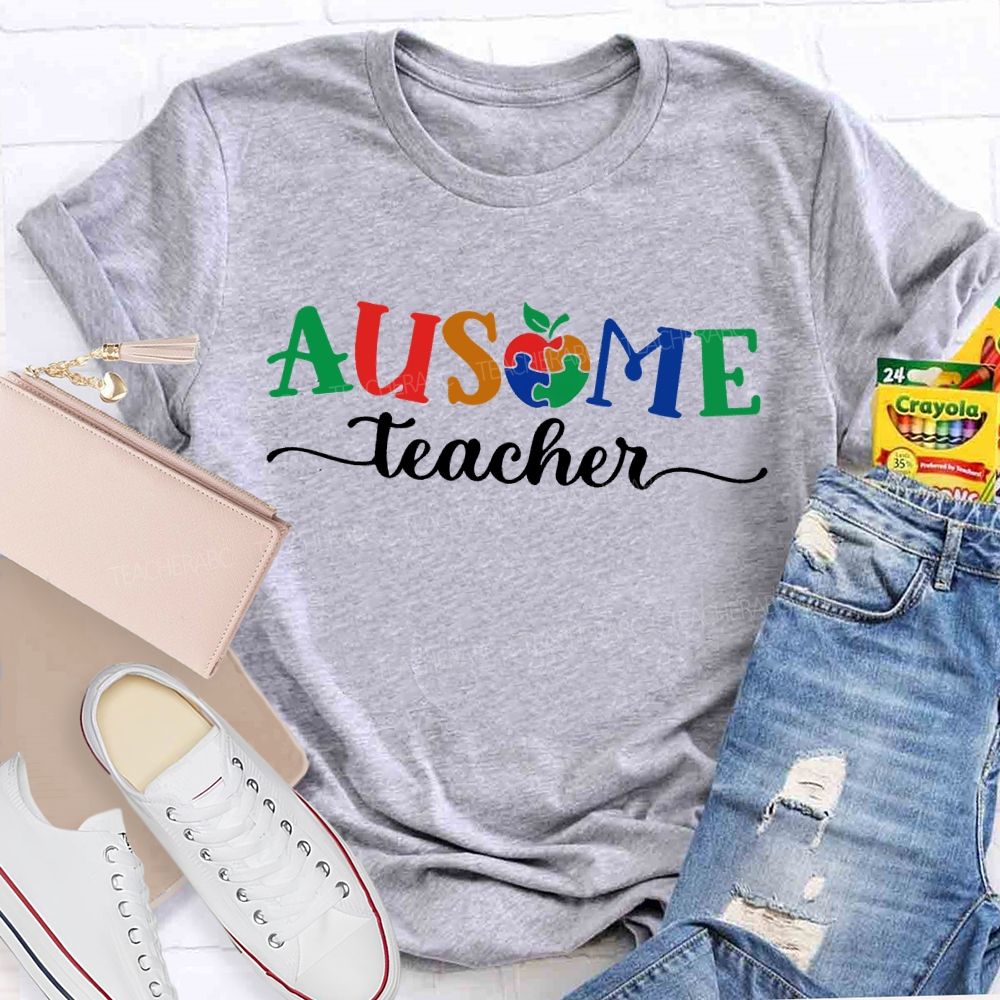 Ausome Teacher Apple Autism Awareness Teacher T-shirt