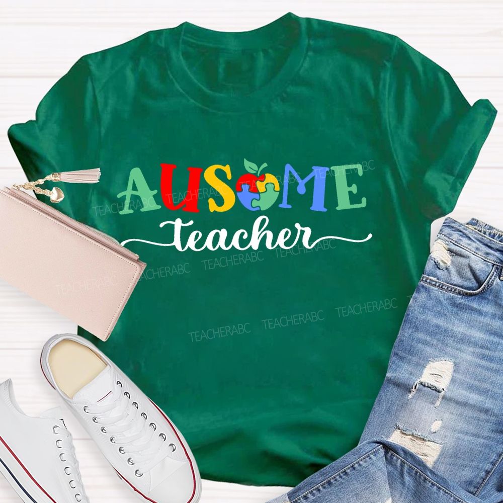 Ausome Teacher Apple Autism Awareness Teacher T-shirt