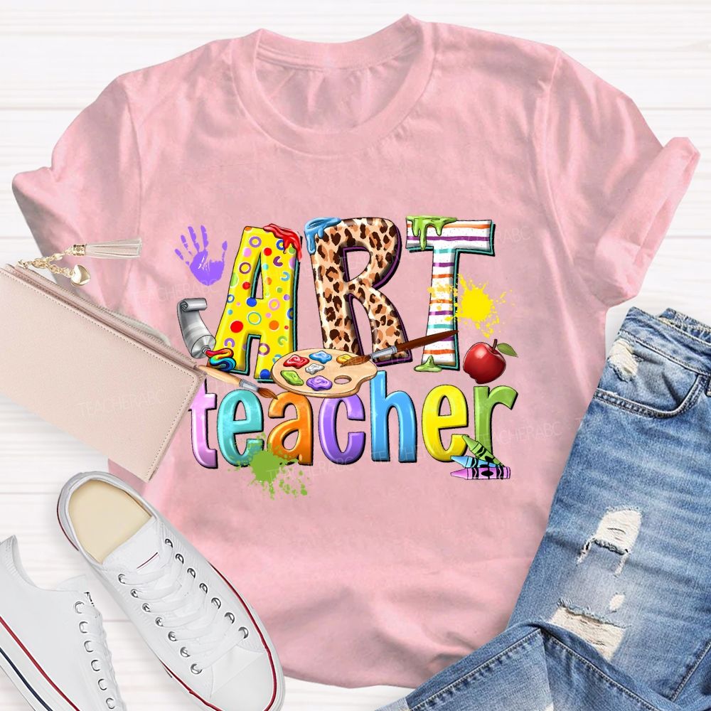 Art Teacher Colorful Leopard Print Letters  Teacher T-shirt