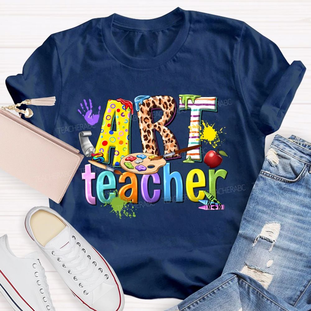 Art Teacher Colorful Leopard Print Letters  Teacher T-shirt