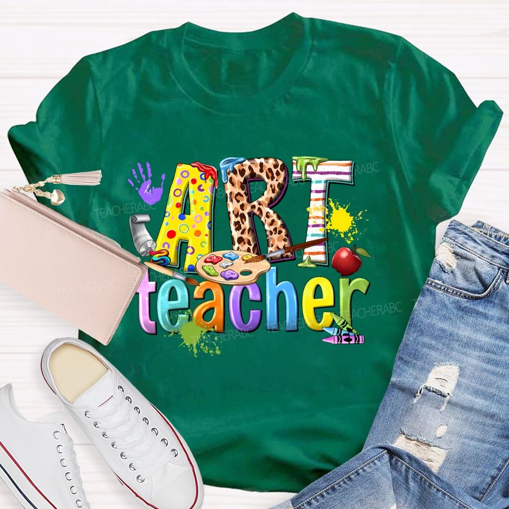 Art Teacher Colorful Leopard Print Letters  Teacher T-shirt