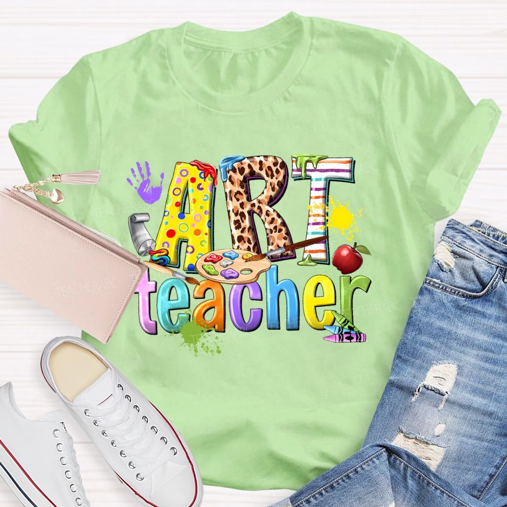 Art Teacher Colorful Leopard Print Letters  Teacher T-shirt