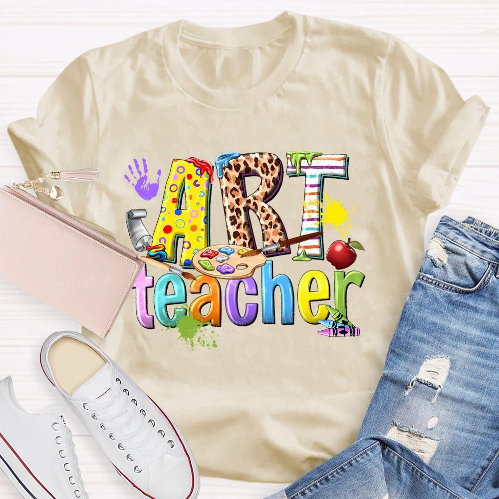 Art Teacher Colorful Leopard Print Letters  Teacher T-shirt