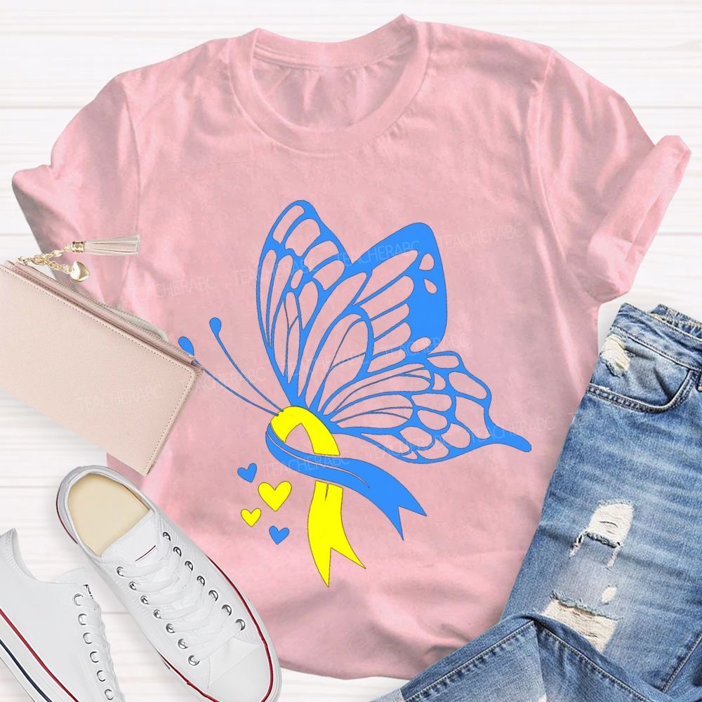 Down Syndrome Awareness Blue And Yellow Butterfly Teacher T-shirt