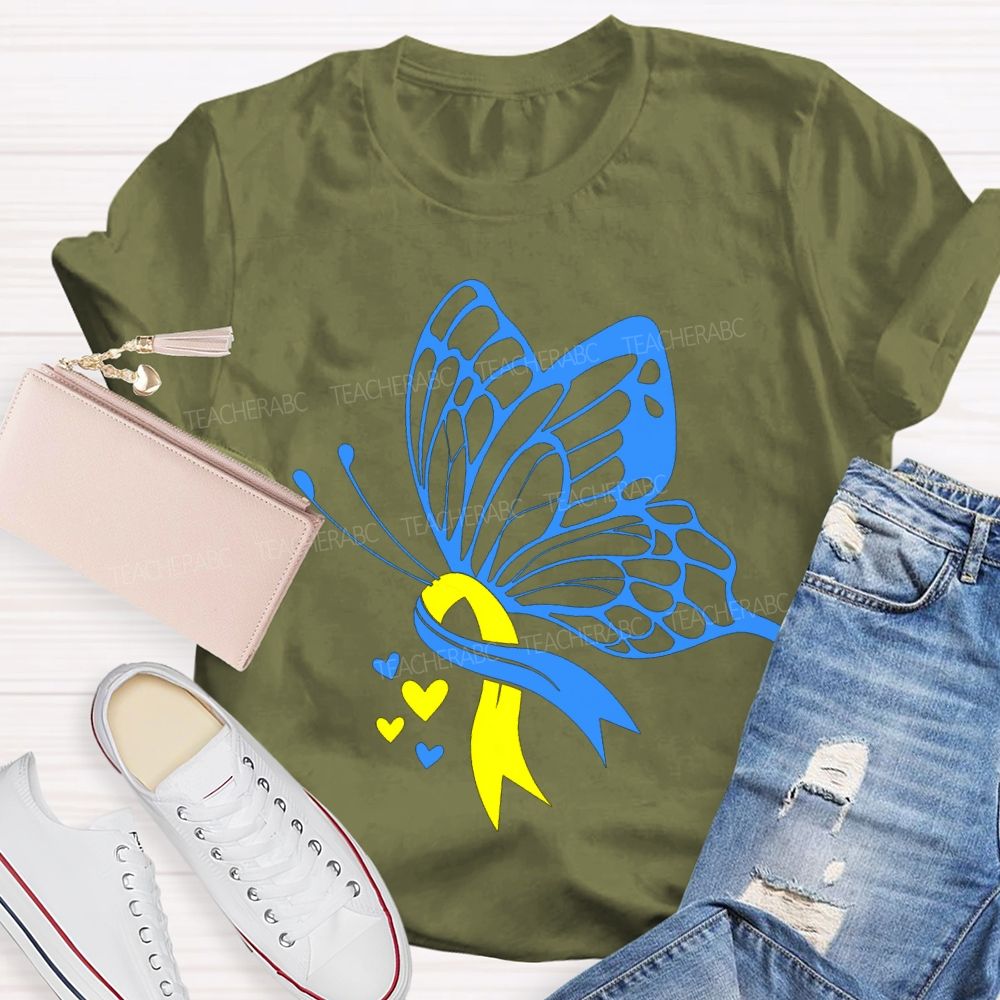 Down Syndrome Awareness Blue And Yellow Butterfly Teacher T-shirt