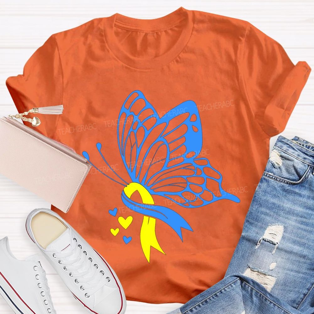 Down Syndrome Awareness Blue And Yellow Butterfly Teacher T-shirt
