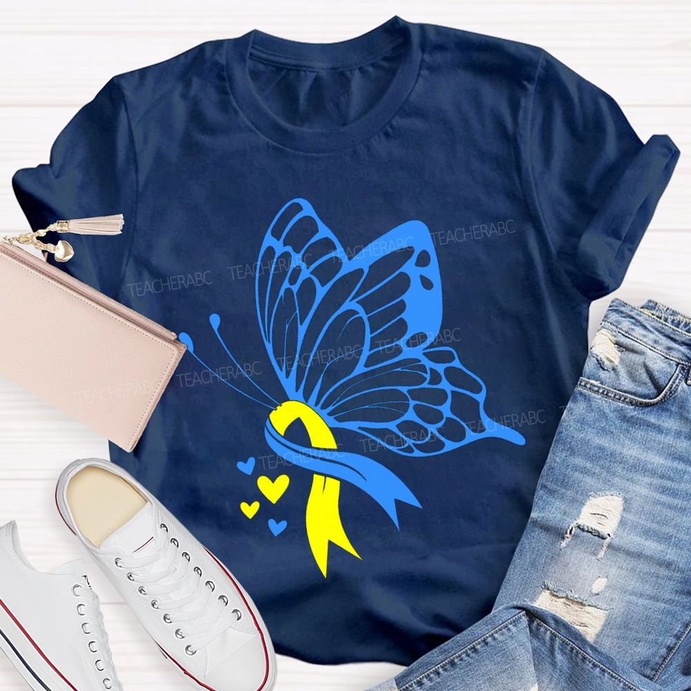 Down Syndrome Awareness Blue And Yellow Butterfly Teacher T-shirt