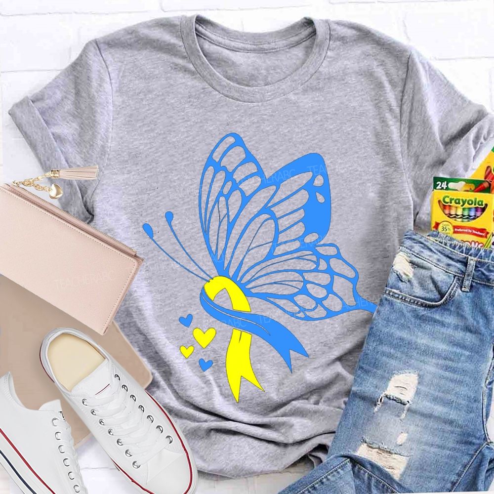 Down Syndrome Awareness Blue And Yellow Butterfly Teacher T-shirt