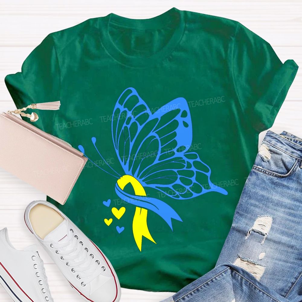 Down Syndrome Awareness Blue And Yellow Butterfly Teacher T-shirt